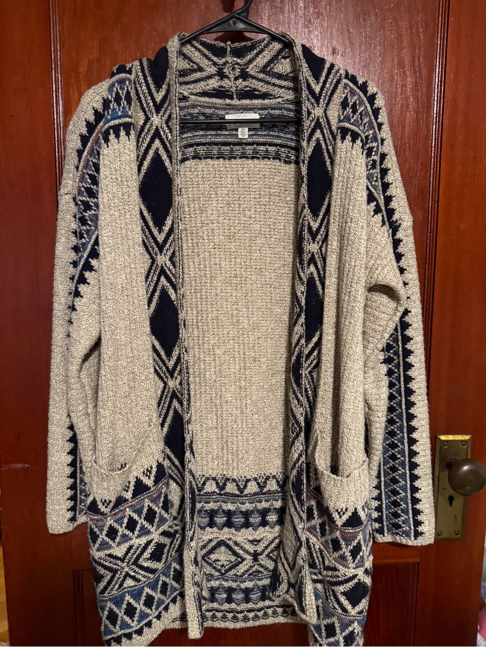 Lucky Brand Cream and Navy Geometric Open-Front Cardigan